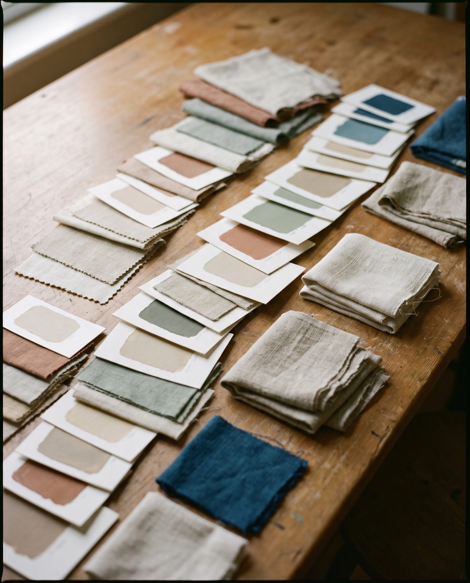 Fabric swatches and colour cards laid out on a wooden sourcing table by a window