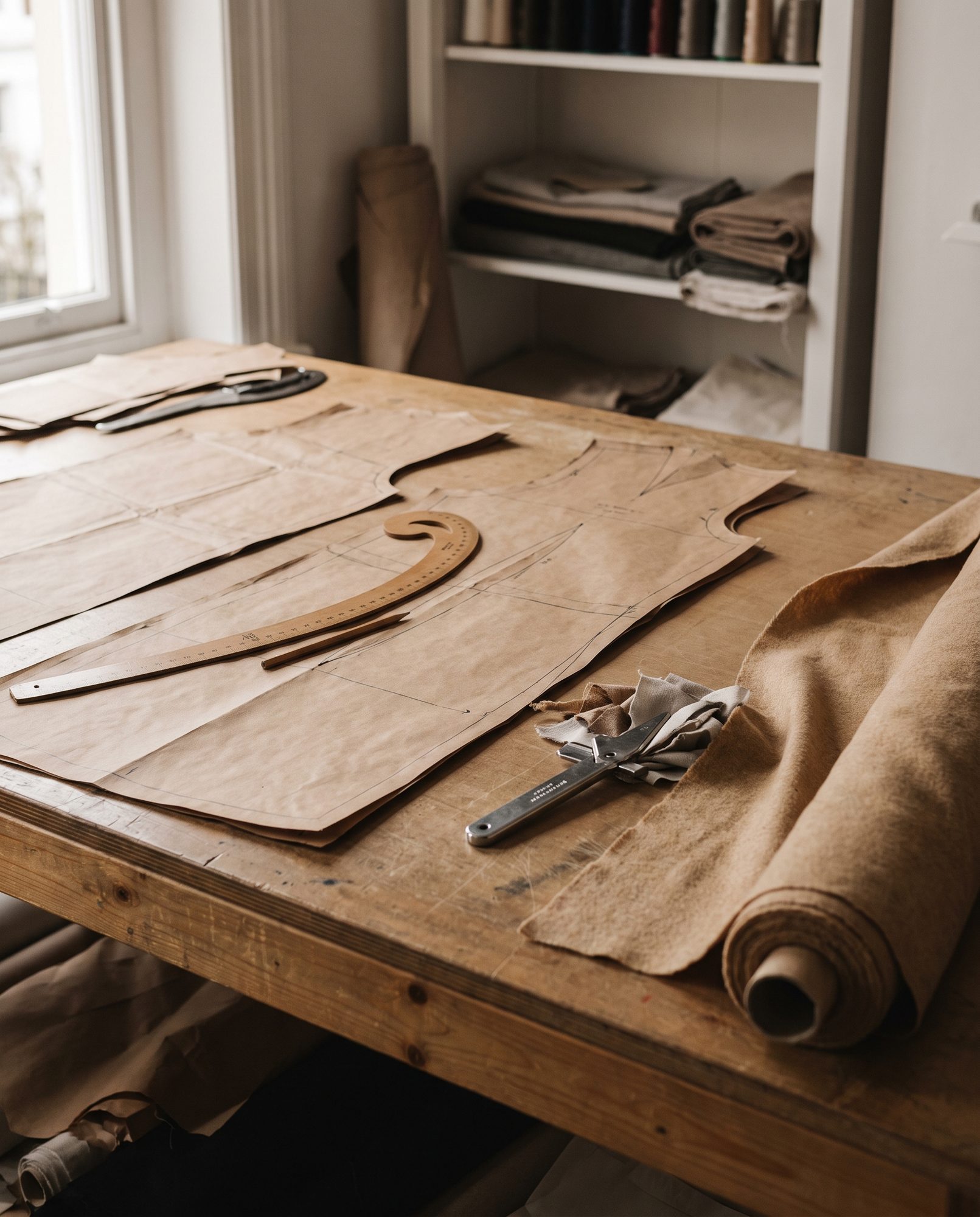 Paper pattern pieces, shears and a tracing wheel on a pattern table beside a roll of marker paper
