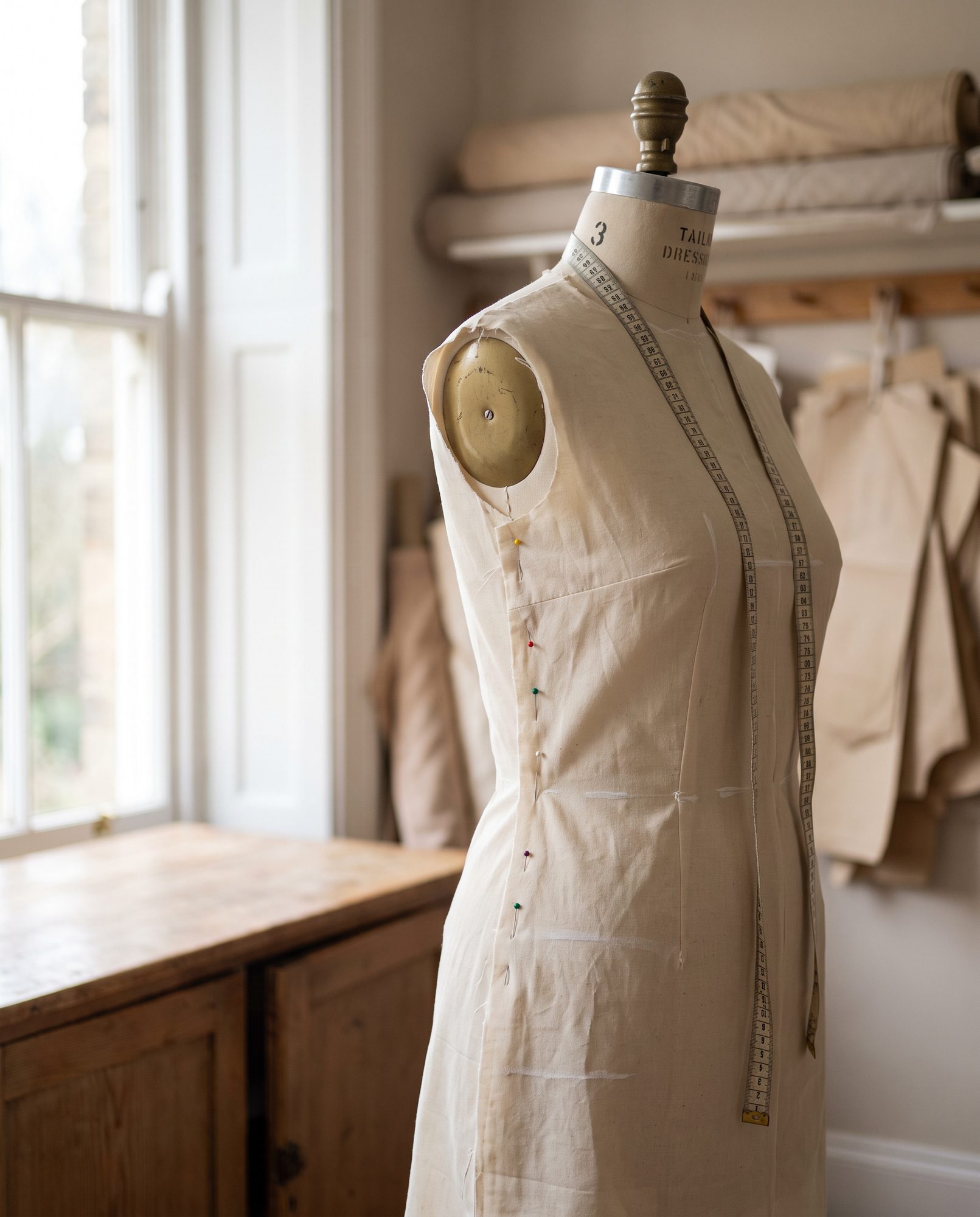 Cream shirt dress toile pinned on a tailor's dress stand in the sampling room
