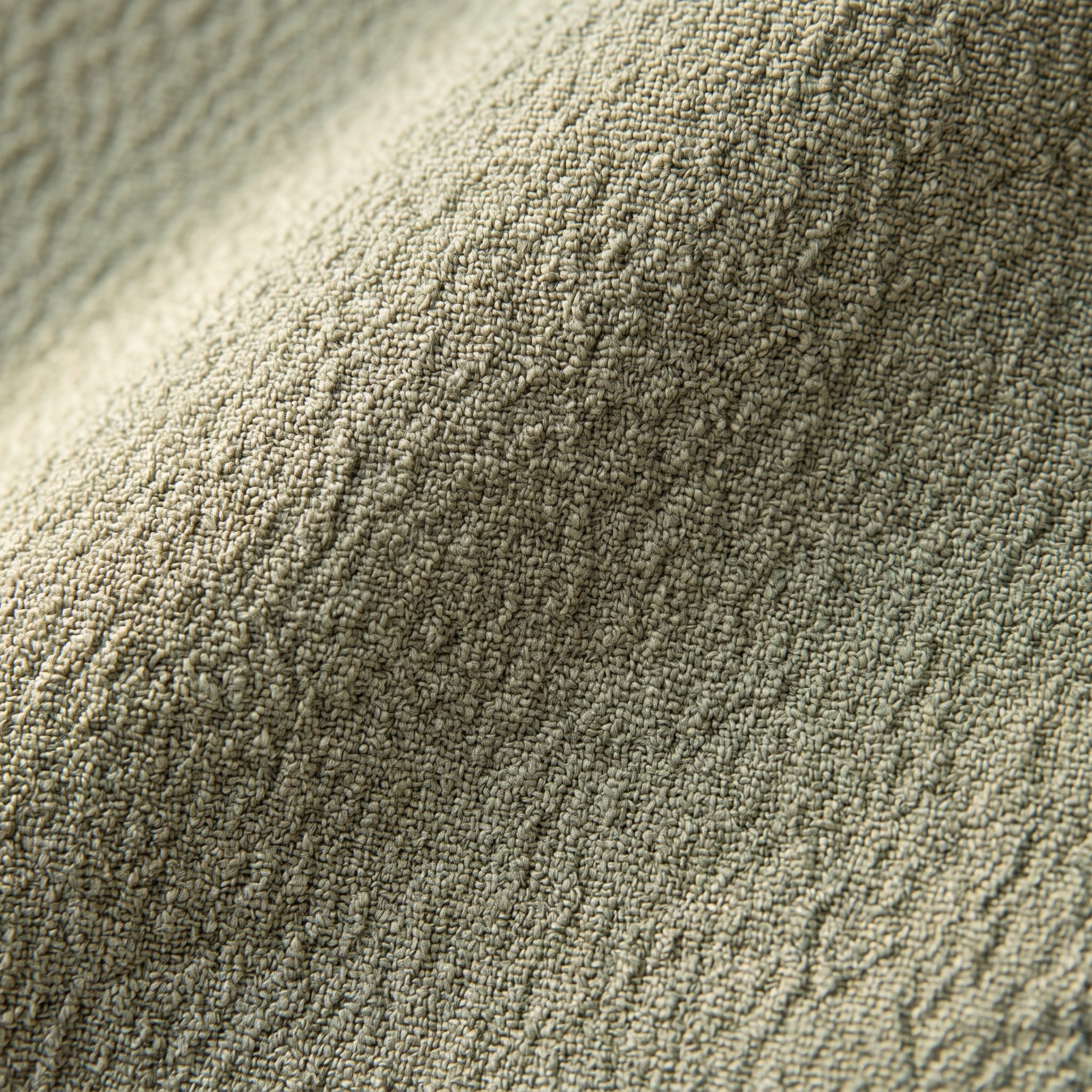 Close macro of sage green crepe, the pebbled surface grain in raking light