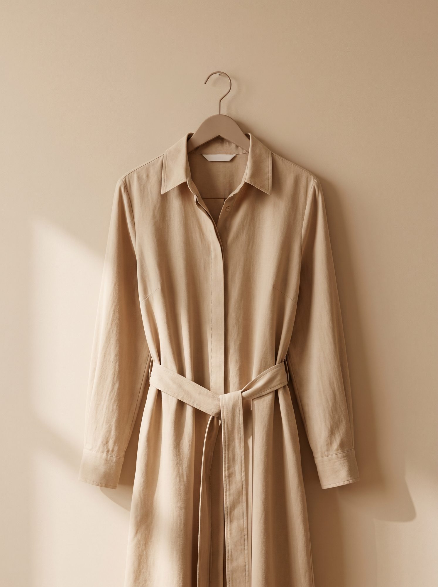 Beige belted shirt dress on a wooden hanger against a plain warm wall