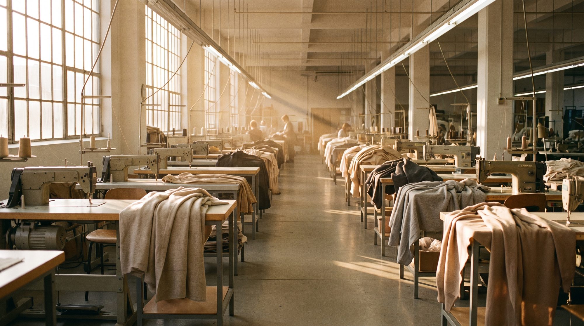 Wide view down the aisle of the production hall, machines and part-made garments either side