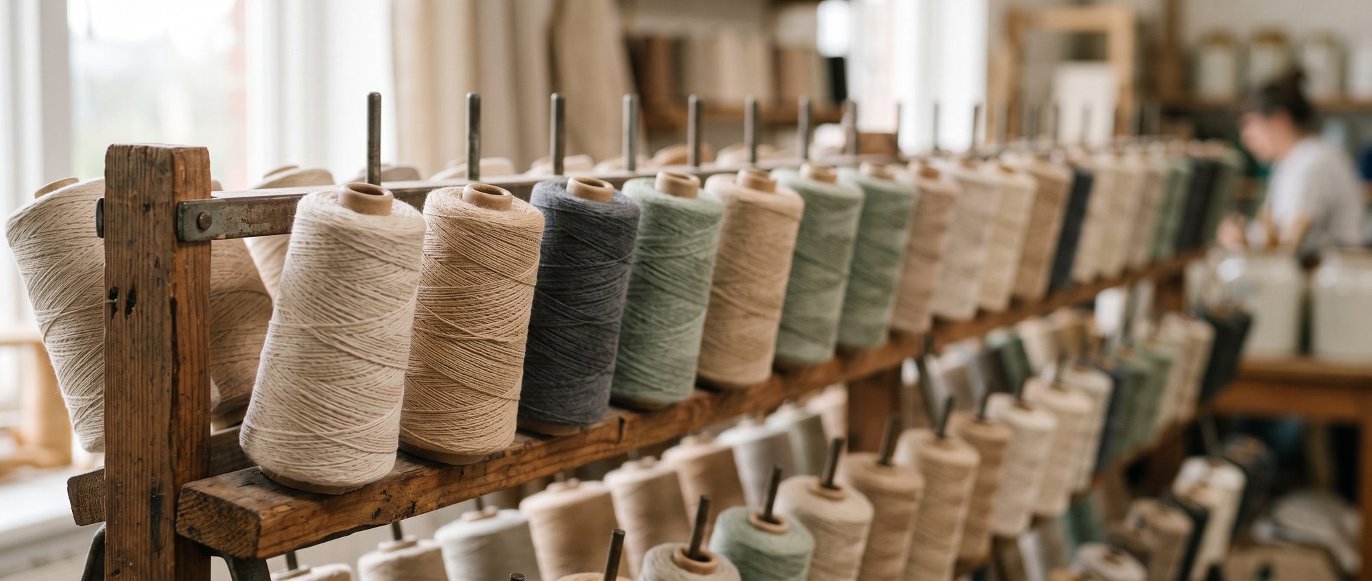 Yarn cones racked in shade order along a wooden rail