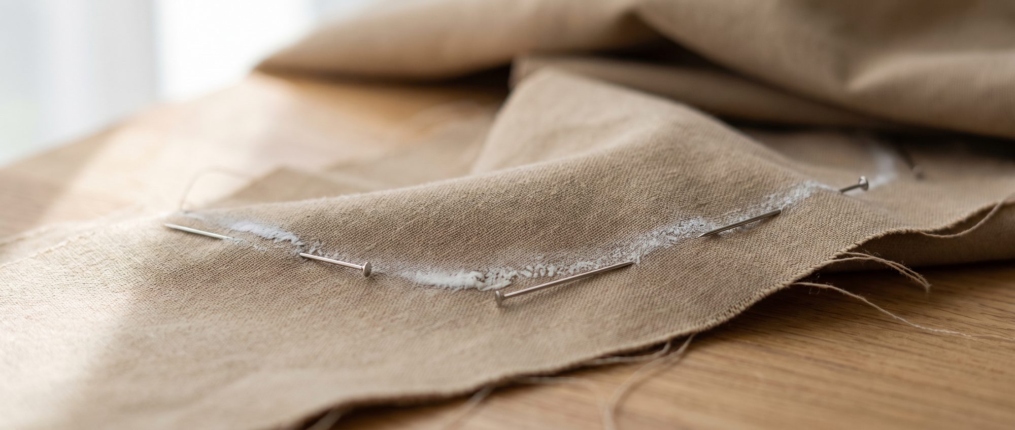 Macro detail of a stitched seam running across folded natural cloth
