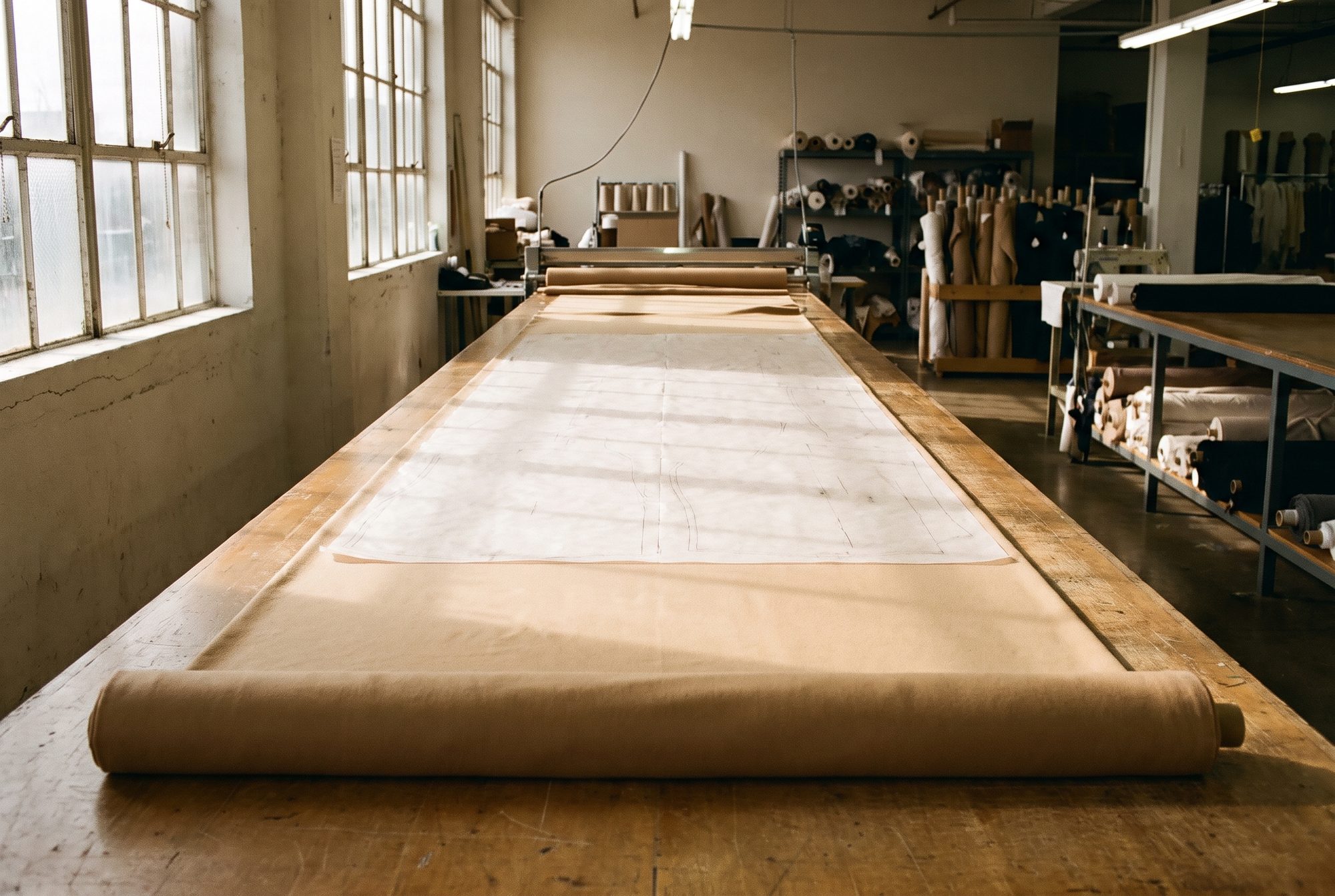 Fabric lay spread the full length of a factory cutting table