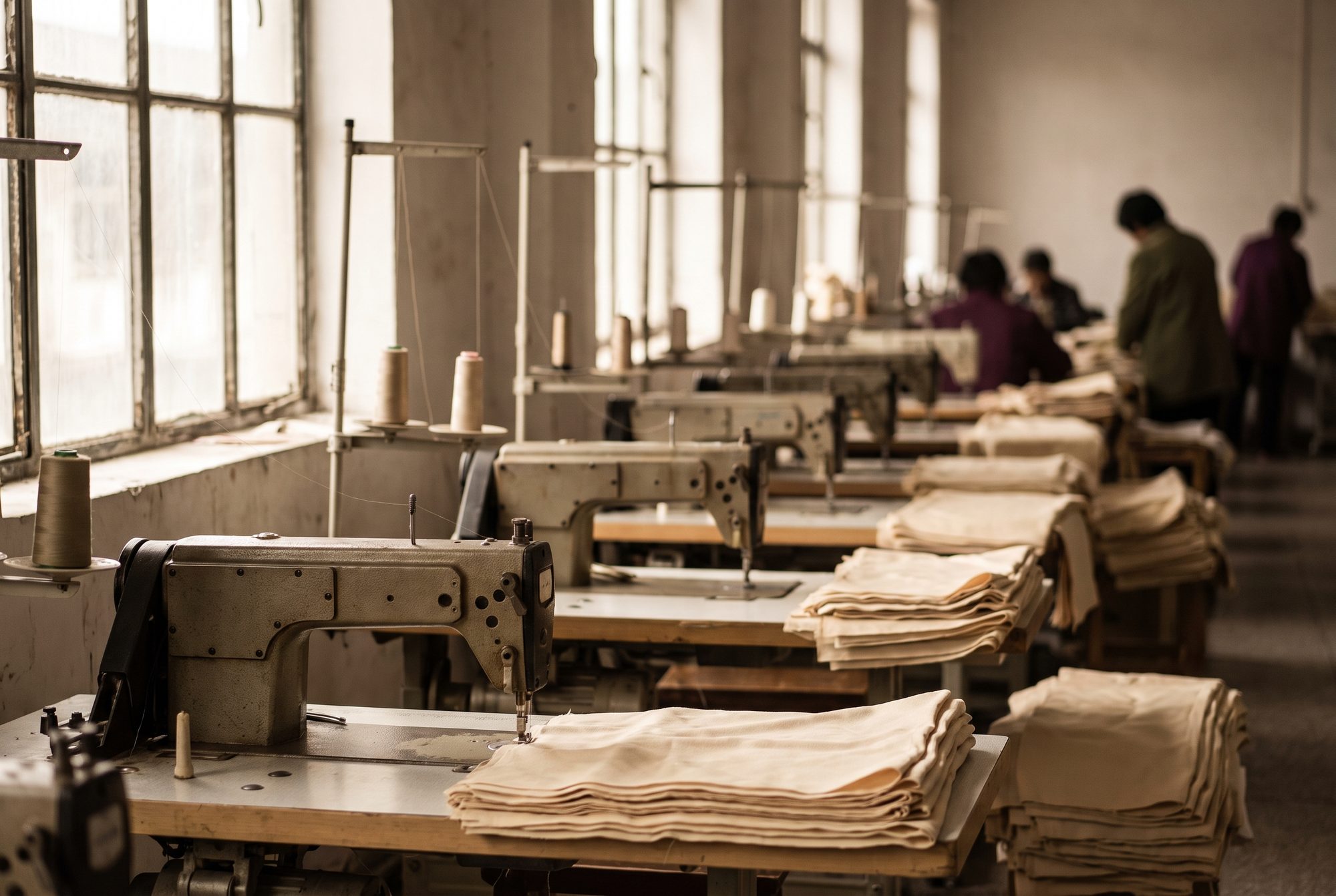 Row of single-needle stitching machines with cut panels stacked at each station