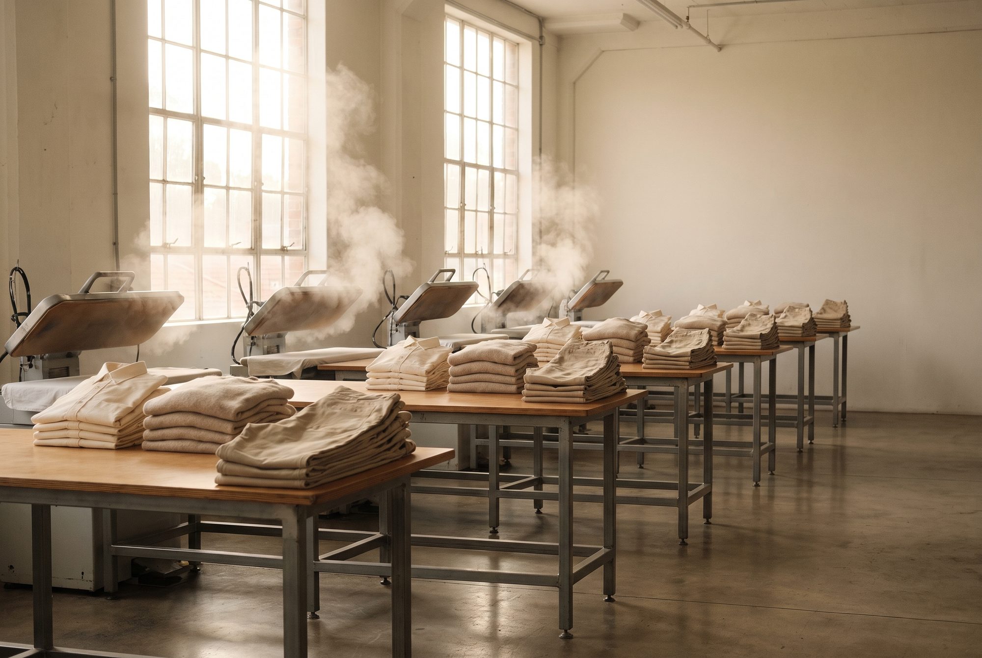Steam rising from pressing tables with folded garments stacked alongside