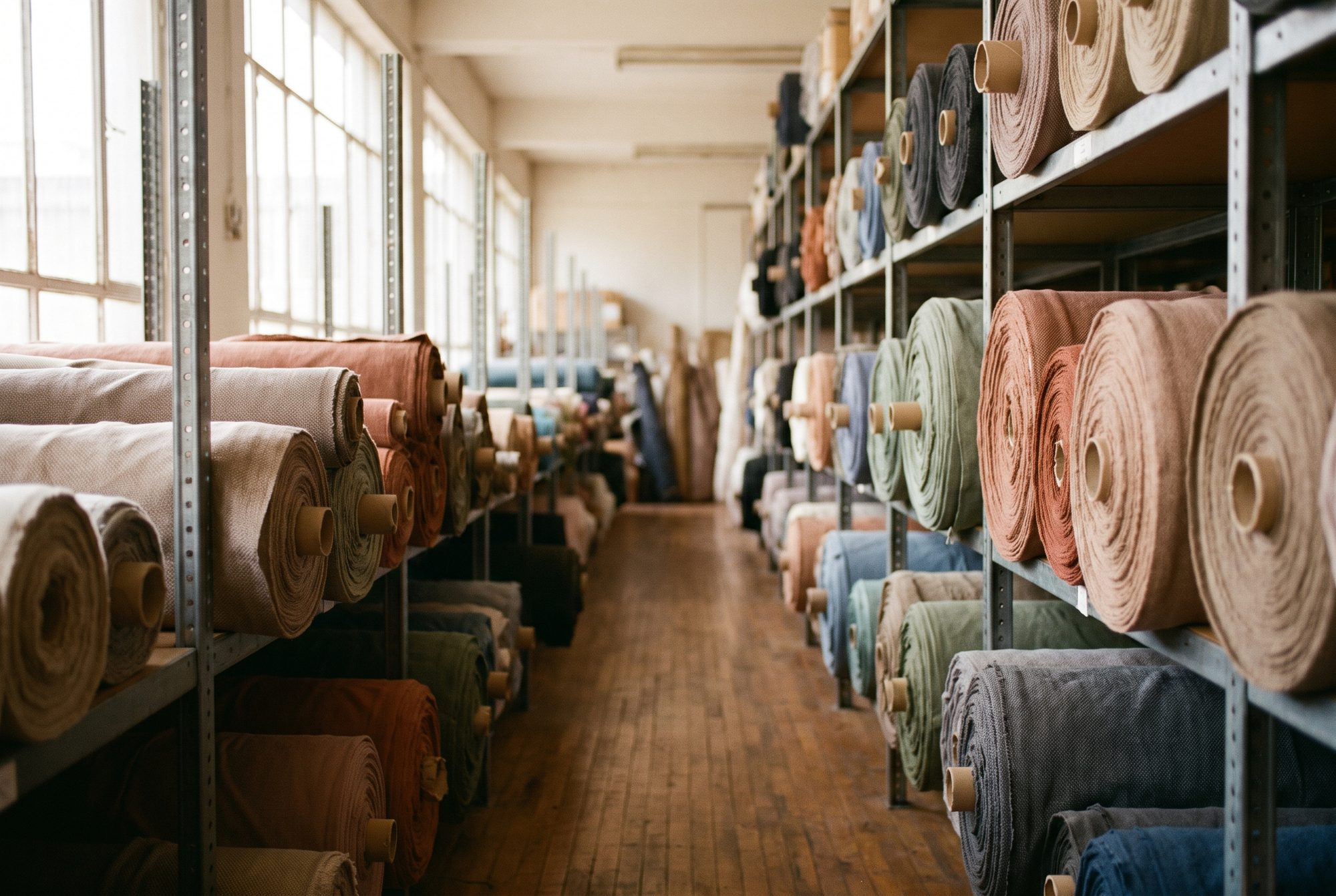 Rolls of fabric racked by quality and shade on the fabric store shelving