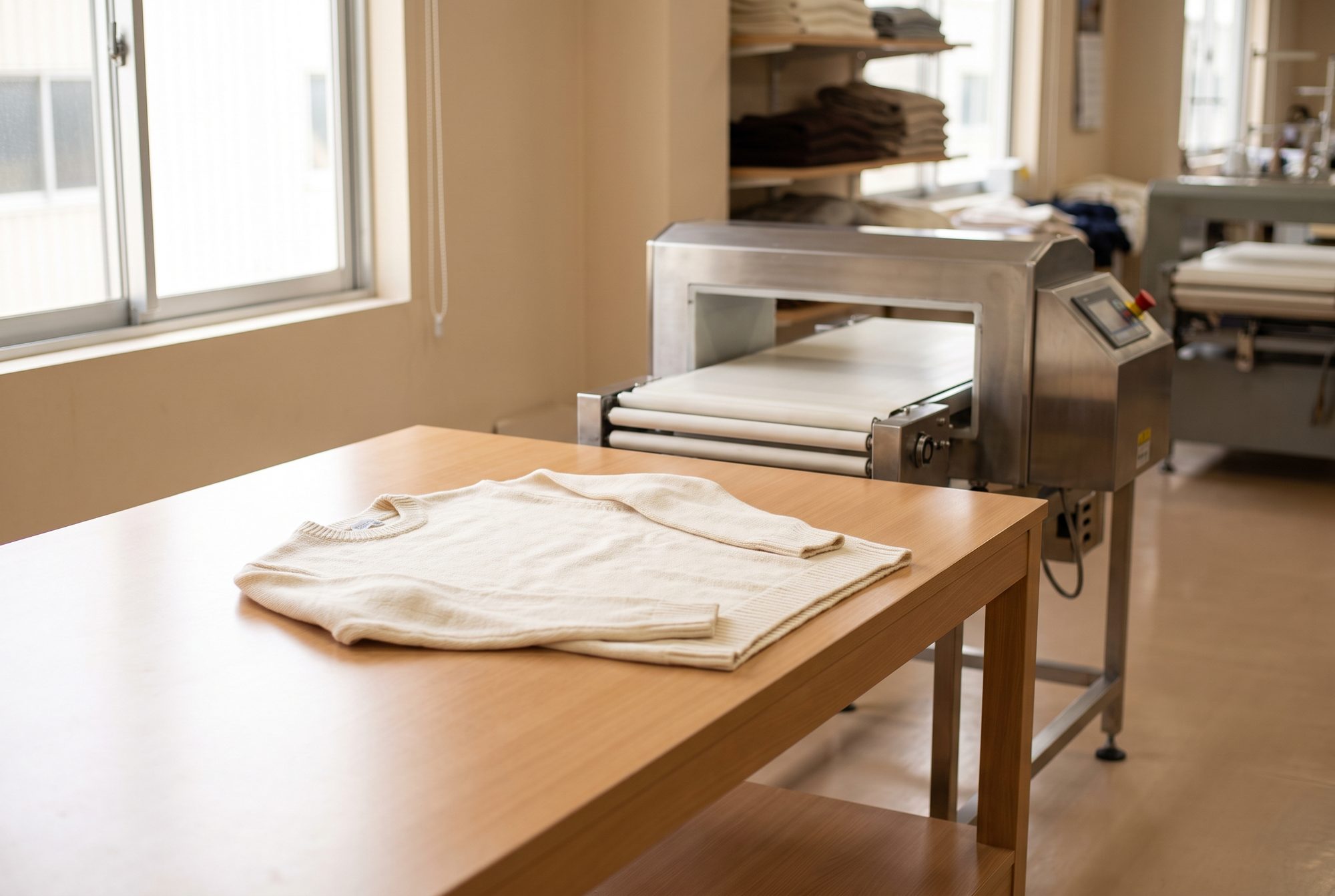 Folded garments on the table beside the needle detection unit before packing