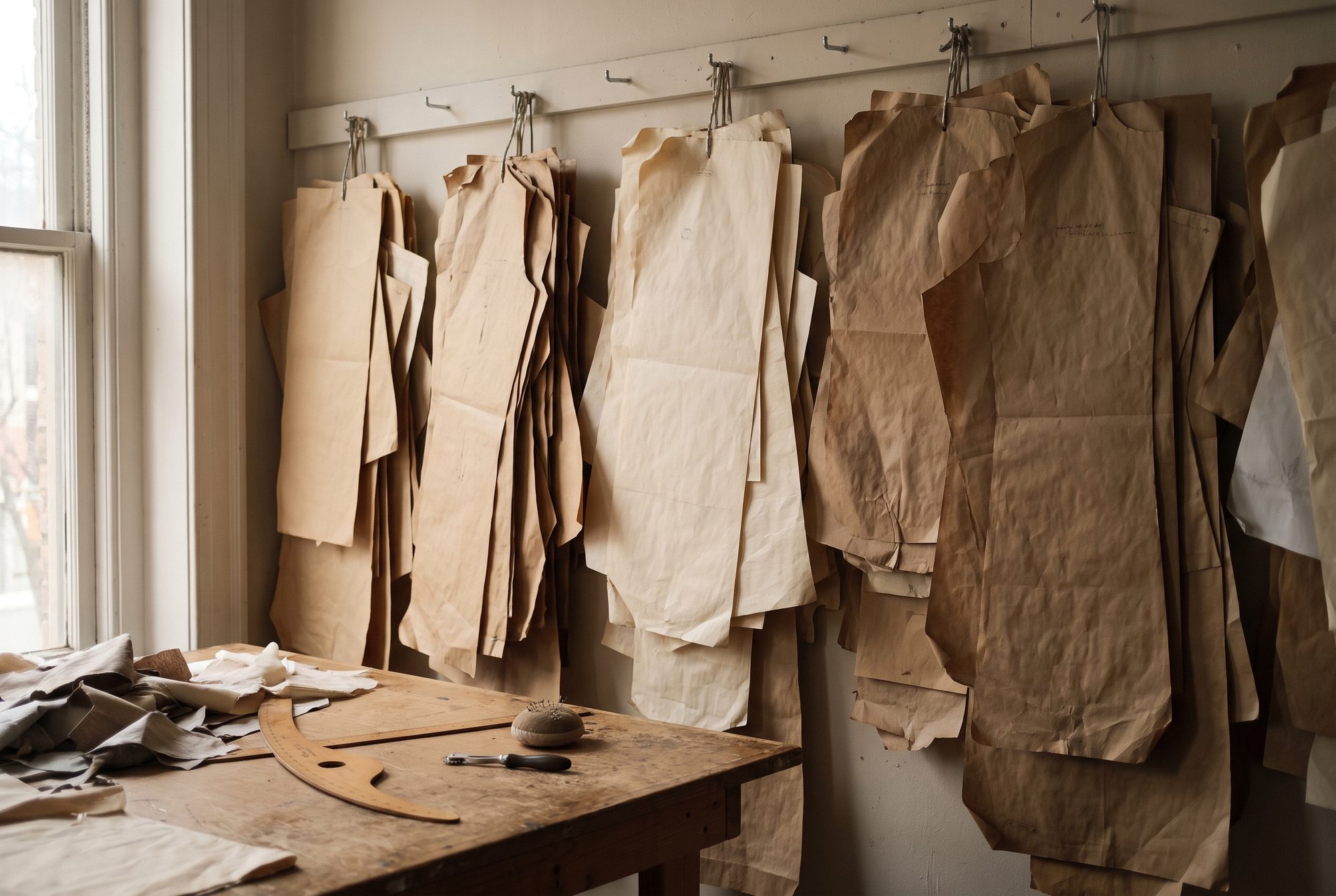 Master patterns and toiles hung on a wall above a sampling table