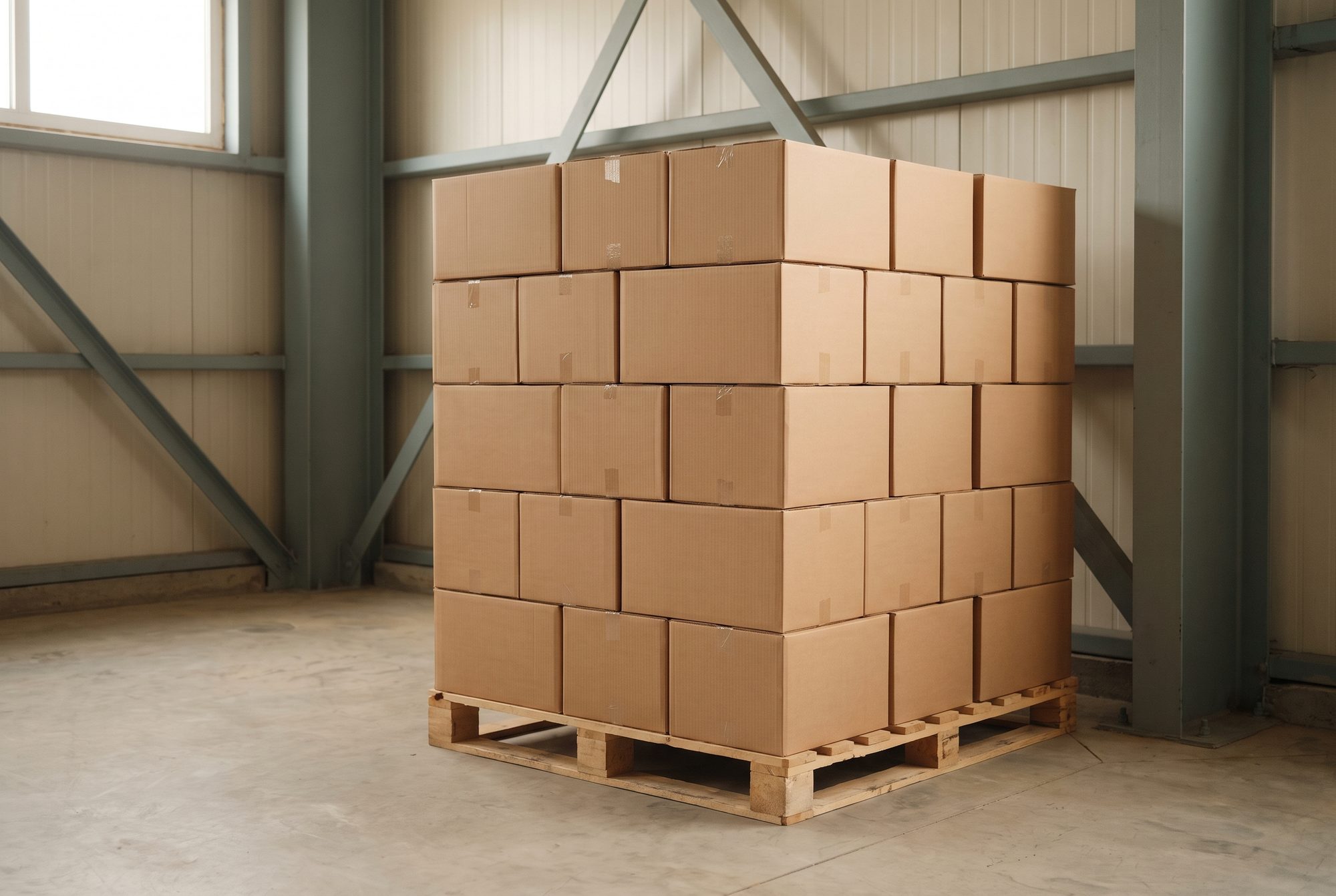 Export cartons stacked on a wooden pallet, banded and ready to dispatch