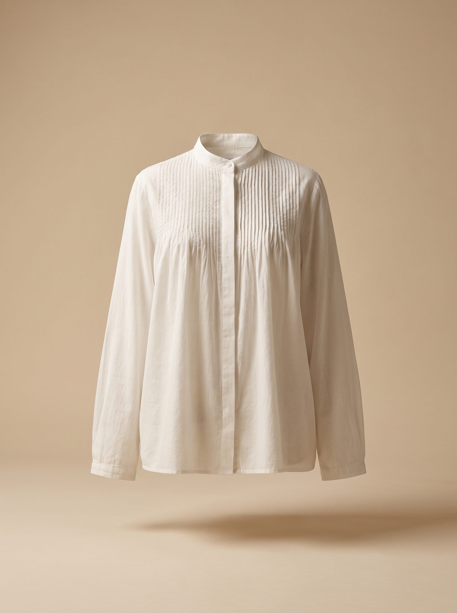 White cotton poplin shirt with a grandad collar and pintuck bib