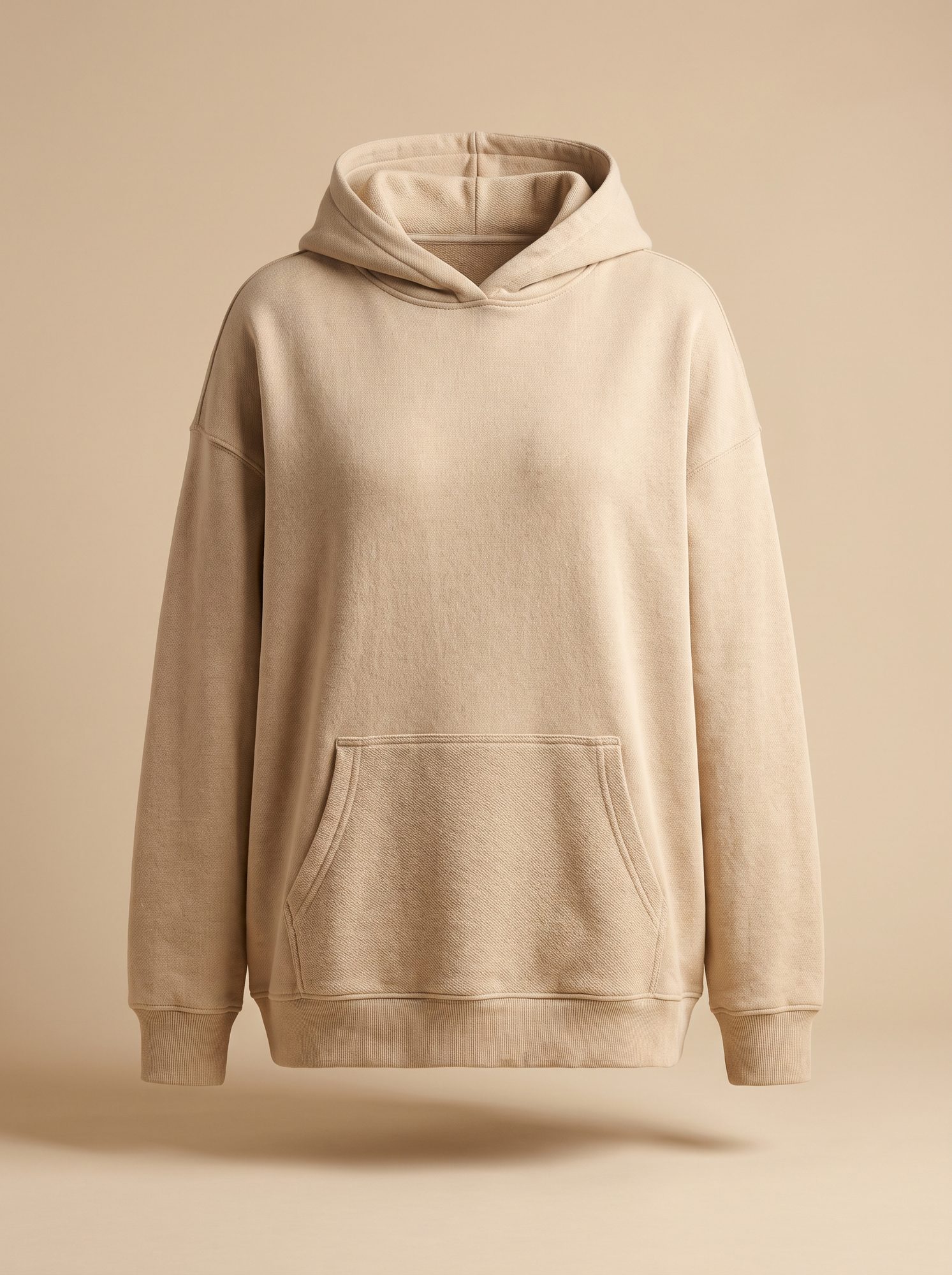 Oatmeal heavyweight fleece hoodie with a kangaroo pocket and ribbed cuffs