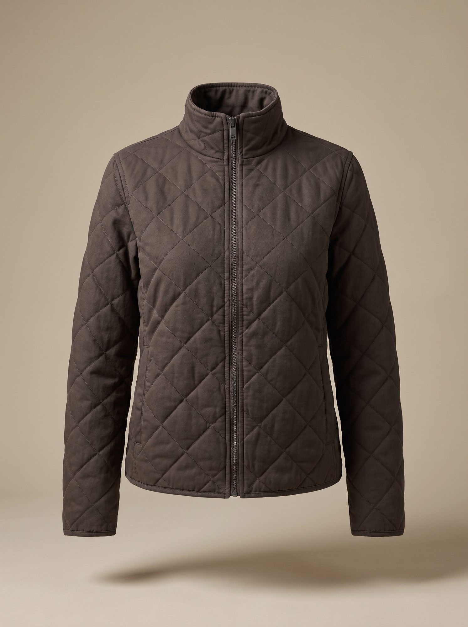 Dark brown diamond-quilted jacket with a funnel neck and zip front
