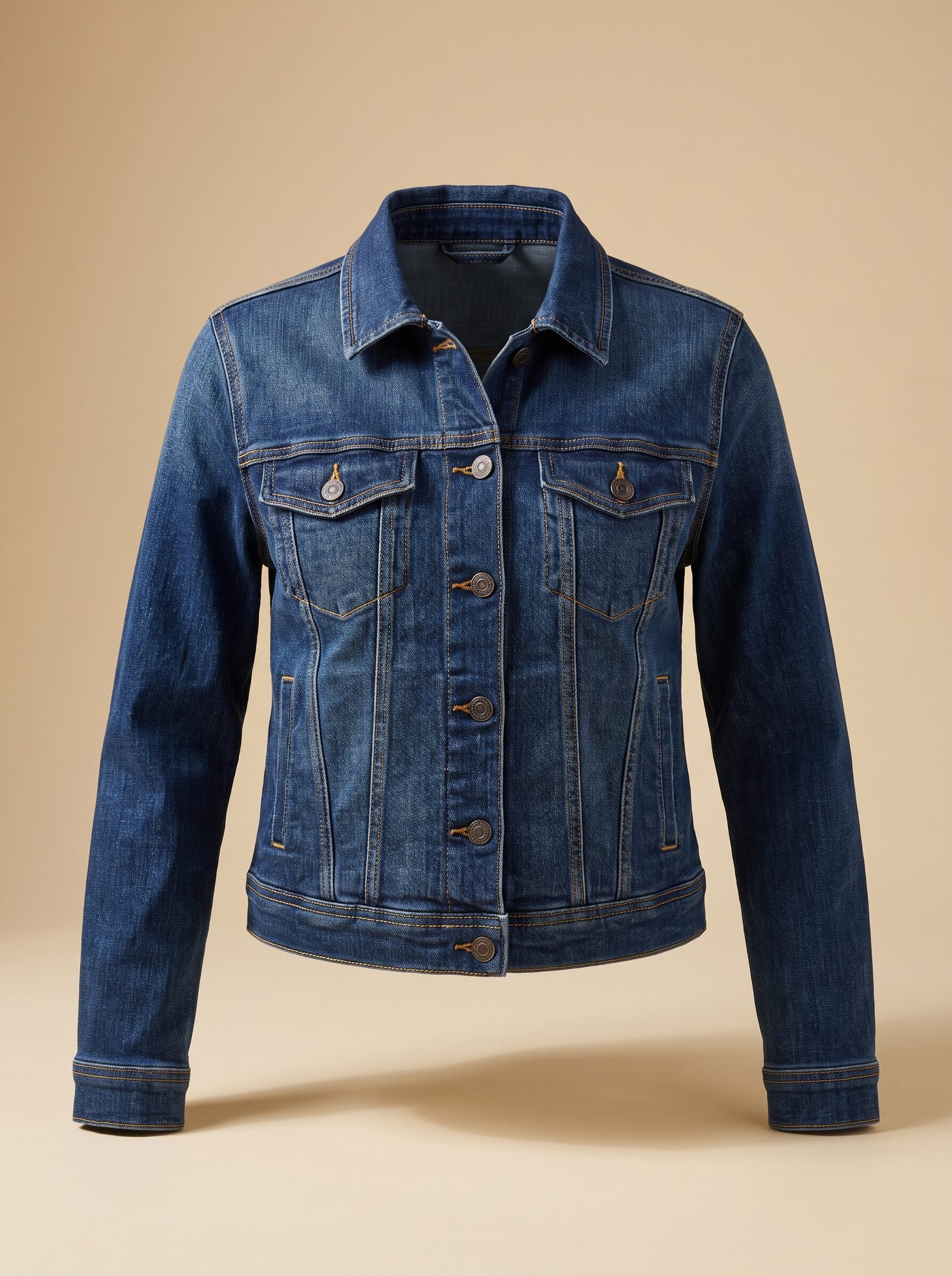 Indigo denim jacket with a point collar, chest flap pockets and contrast topstitching